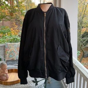 H&M Black Bomber Jacket Super Soft Blush Lining Gold Zipper 14 (XL)